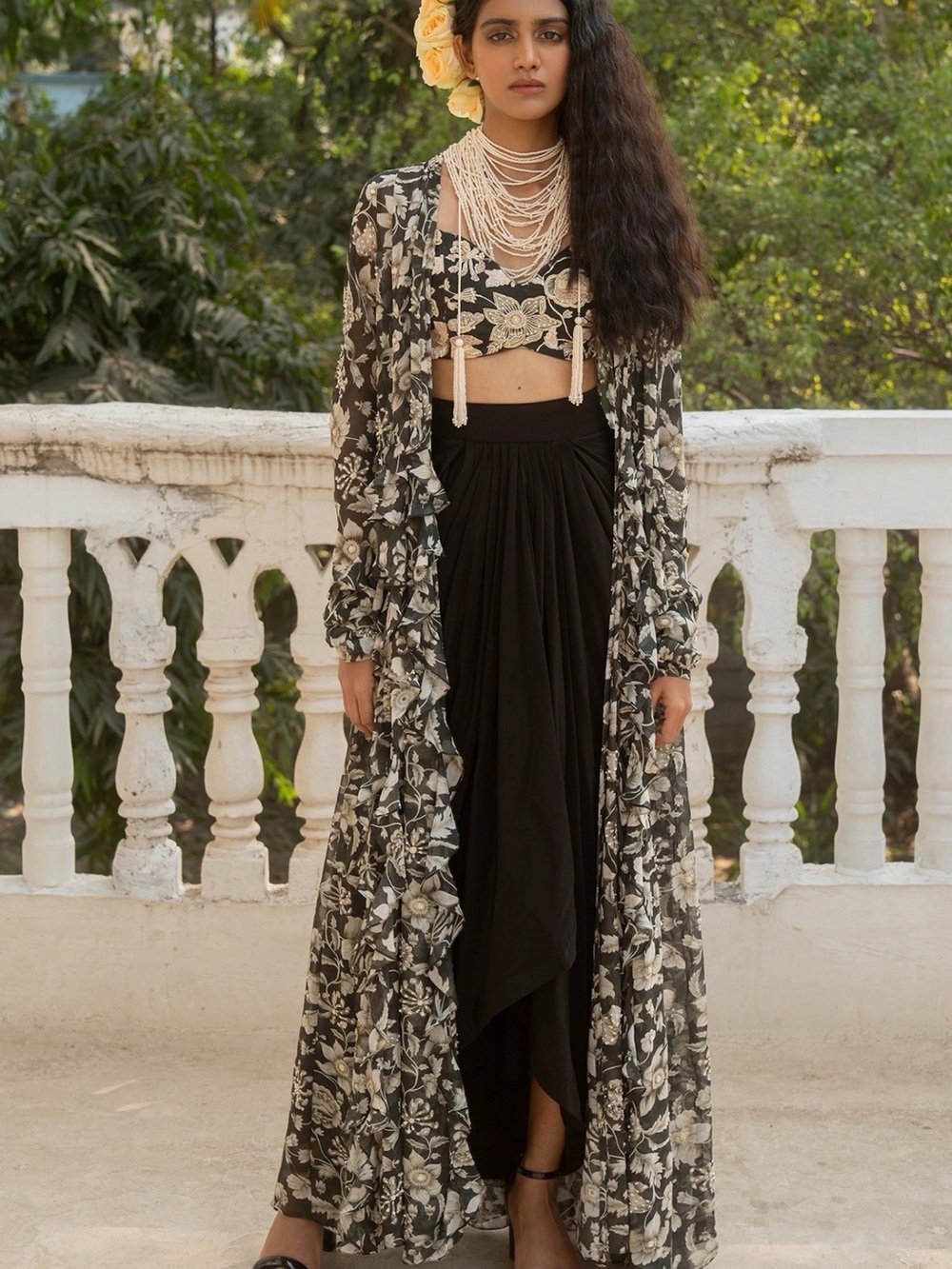 Black Floral Jacket + High Low Lehenga with Matching Crop Top